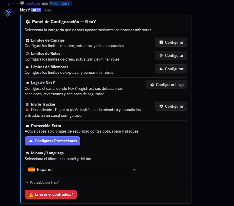 Panel de configuración de NexY